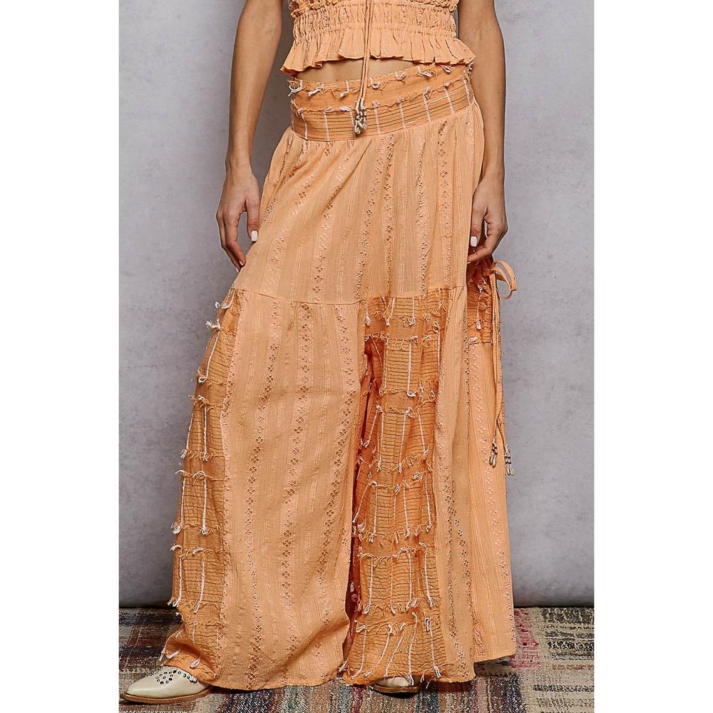 POL Clothing Bohemian Wide Leg Cotton Pants Peach Ruffle Pearl Shell‎ Detail NEW